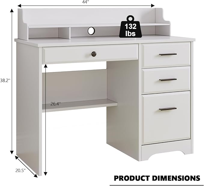 4 EVER WINNER White Desk with Drawers Small Desk with File Drawer for Small Spaces Writing Desk with Monitor Stand Wood Table for Study Home Office White