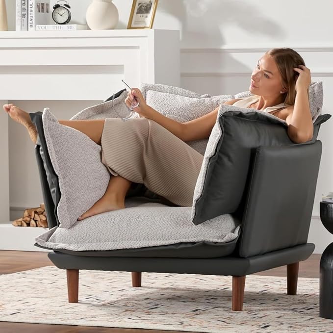 Leather Oversized Armchair Modern Accent Chair Single Sofa Lounge Chair Leather and Fabric Two-Faced Material 43.5 Wide 21.3 Seat Deepth for Living Room Bedroom (Blue Grey)