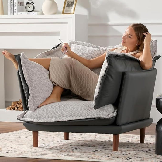 Leather Oversized Armchair Modern Accent Chair Single Sofa Lounge Chair Leather and Fabric Two-Faced Material 43.5 Wide 21.3 Seat Deepth for Living Room Bedroom (Blue Grey)