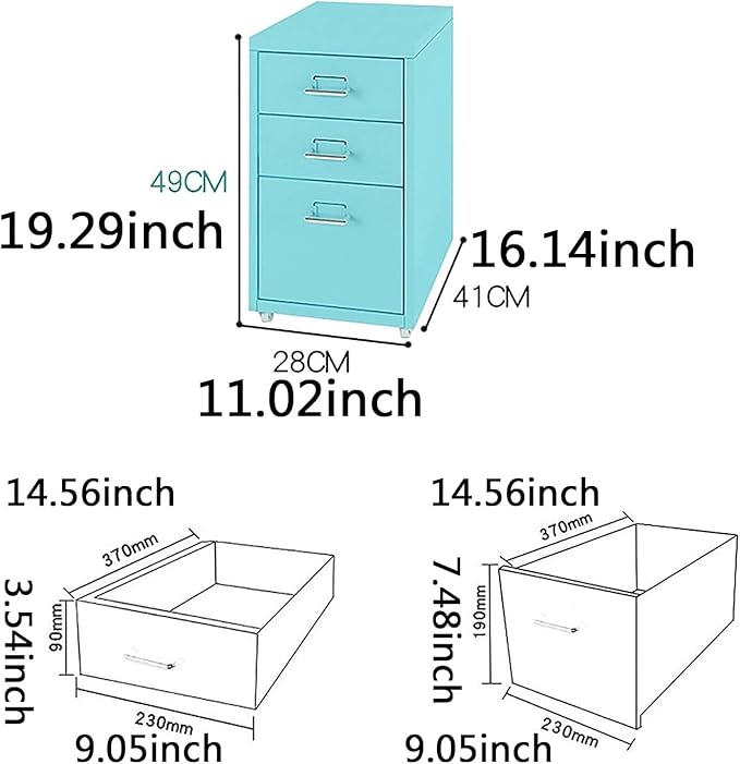 ELEFOCUS Mobile Pedestal Metal File Cabinet 3 Drawers Round Edge Home Office (Size:11.02x16.14x19.29inchColor:White)