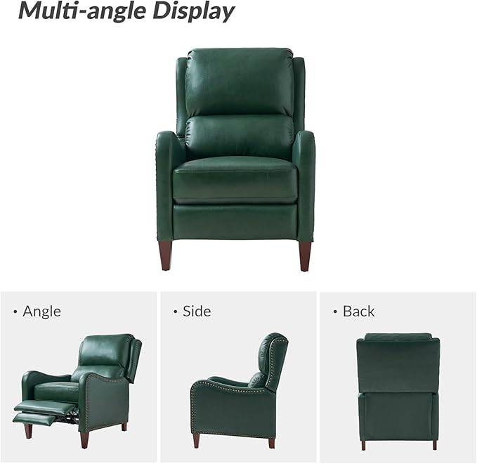 HULALA HOME Genuine Leather Recliner Chair Modern Push Back Recliner Armchair with Thick Seat Backrest &amp Footrest Nailhead Decor for Living Room Bedroom Green