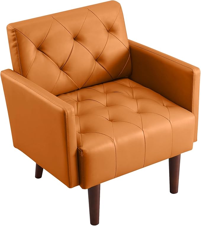 Accent Chairs Leather Accent Chair Modern Upholstered Living Room Chair Cozy Armchair Button Tufted Back and Wood Legs for Bedroom Office Cafe (Orange)