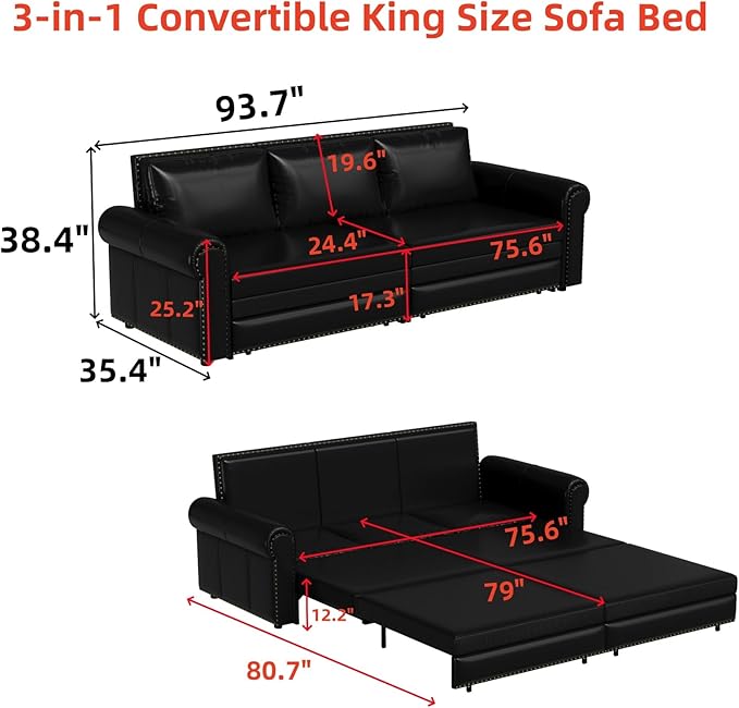 93.7 King Size Chesterfield 3-seat Pull Out Sofa Bed Leather Sofa Bed with Nailhead Trim and Rolled Arm 3-in-1 Sofa Sleeper for Living Room Apartment Office Black