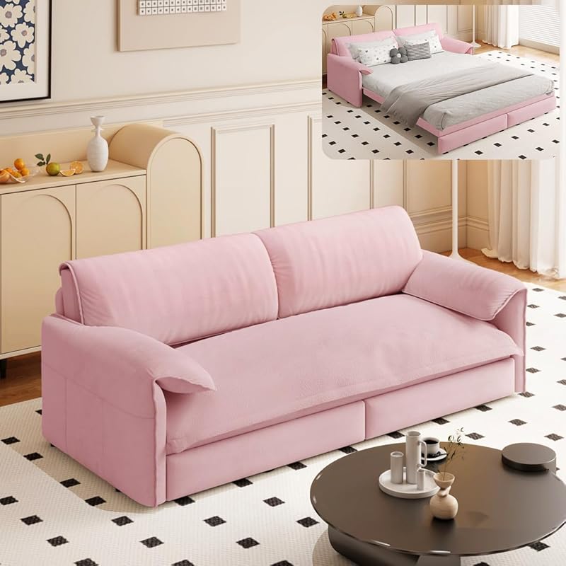 66 Queen Size 3-in-1 Convertible Pull Out Sofa Bed with Side Storage for Small Spaces Multi-Functional Velvet Sleeper Sofa with Wheels for Living Room and Bedroom (Pink)