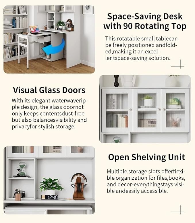 Polibi Rotating Computer Desk with Storage - 90° Adjustable Desktop 4 Glass Door Cabinets &amp Drawer Open Shelves for Home Office Study Room or Living Room White