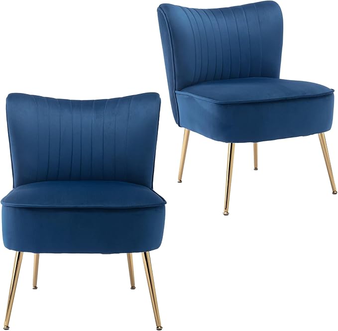 KCC Modern Velvet Upholstered Accent Chair Set of 2Mid Century Living Room Chairs with Golden LegsComfy Armless Chair Wingback Single Sofa Side Chair for BedroomBlue