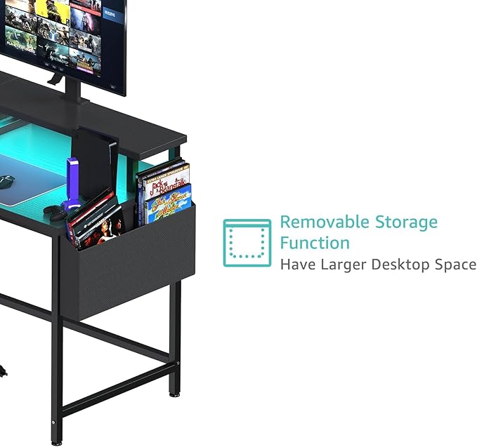 Lufeiya L Shaped Gaming Desk with Led Lights and Power Outlets 47 Inch Corner Home Office Desk with Monitor Stand Shelves Writing Study Computer Desks with Fabric Drawers for Bedroom Black