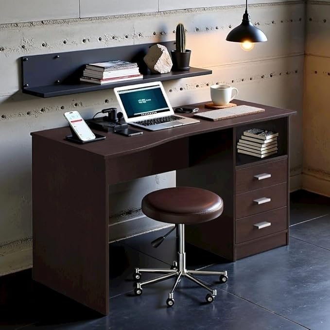 Brown Wood Desk with Storage Featuring 3 Drawers Under Table Shelf Contoured Top for Home Office Use As Writing Desk Or Computer Workstation