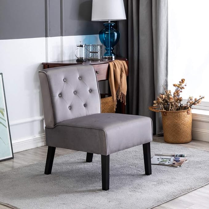 53 2Pcs Living Room Armless Button Tufted Pattern Accent Chair with Velvet Fabric and Premium High Density Foam Cushion Grey