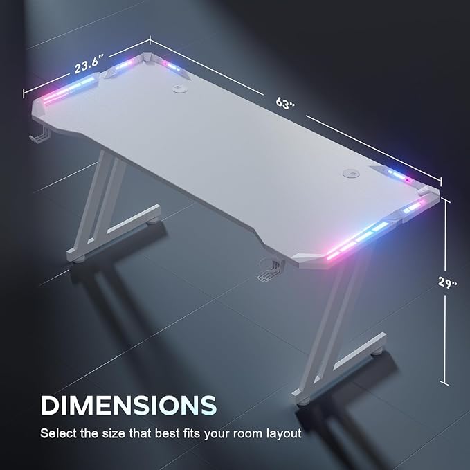 HLDIRECT 63 Inch Gaming Desk with LED Lights Carbon Fibre Surface Gaming Table Large Computer Desk Ergonomic Home Office Desks Z Shaped PC Gamer Workstations with Cup Holder &amp Headphone Hook White