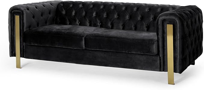 Merax Comfy 3-seat Sofa with Tufted Back and Arm and Gold Iron Legs Modern Couch for Living Room Bedroom Apartment Office Black