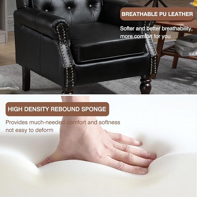 Wingback Chairs Set 2Mid Century PU Leather Accent Chair with Sturdy Wood Legs and High Back Single Sofa Club Armchair Chair for Living RoomBedroomOfficeBlack