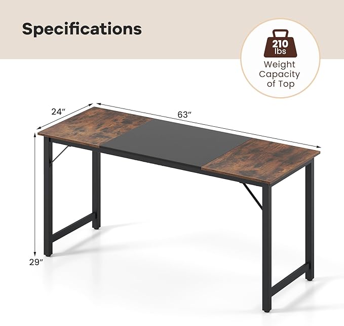 GOFLAME 63” Computer Desk Heavy Duty Metal Frame Laptop Table Writing PC Table Rectangle Home Office Desk Conference Table Meeting Room Boardroom Desk Working Task Desk for Bedroom Study
