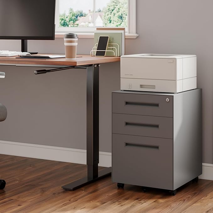 Dripex 3 Drawer File Cabinet Mobile File Cabinet with Lock on Wheels Letter/Legal Size Fully Assembled Modern Small Short Vertical Metal Rolling Filing Cabinets Under Desk for Home Office (Grey)