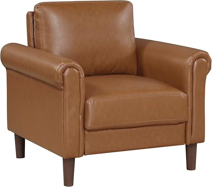 Lexicon 35 W Living Room Accent Chair Faux Leather Upholstered Armchair with Rolled Armrest for Bedroom/Office/Waiting Room Single Sofa Chair Brown