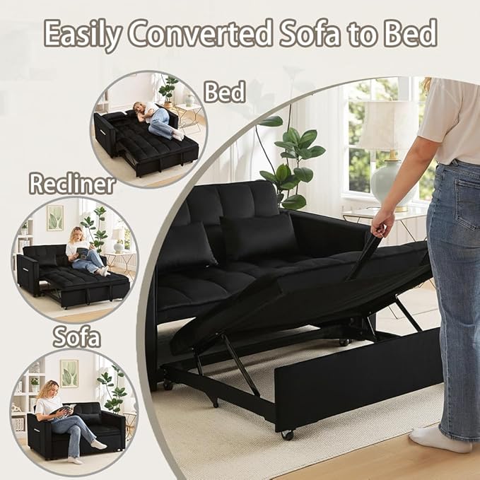 54 Convertible 3 in 1 Sofa Bed | Pull Out Sleeper Couch for Living Room | Foldable Loveseat Sleeper Sofa Bed | Space Saving Design for Apartment and Bedroom (Black)