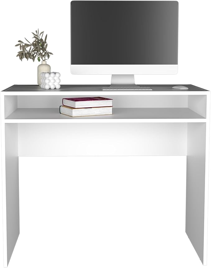 Compact Modern White Computer Desk with Shelf for Small Offices Home Office Study
