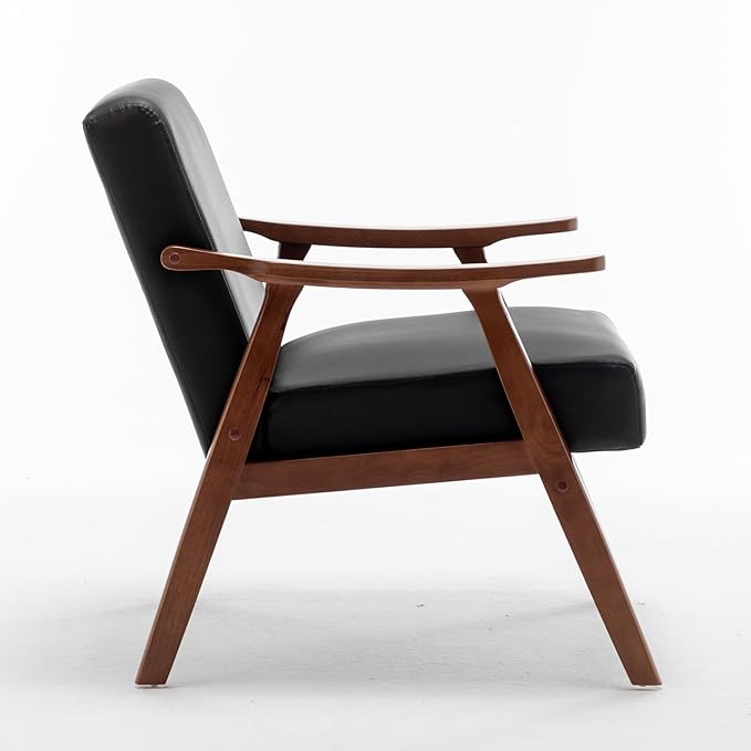 Mid Century Modern Accent Chair with Solid Wood Frame Armchairs with Faux Leather for Bedroom Reading Room Living Room and Lounge Black