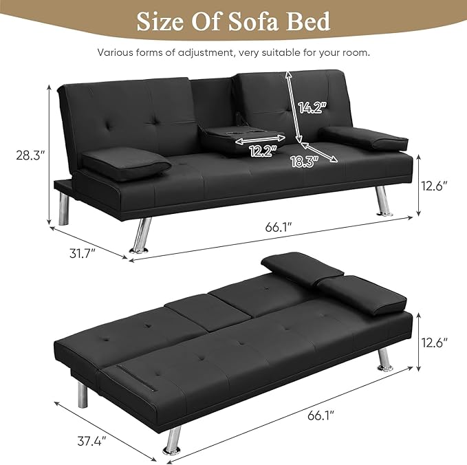 Futon Sofa Bed Modern Folding Couch for Small Space Faux Leather Convertible Loveseat Sleeper Bed Daybed Recliner Lounge Sofas for Living Room2 Cup HoldersMetal LegsRemovable Armrests (Black)