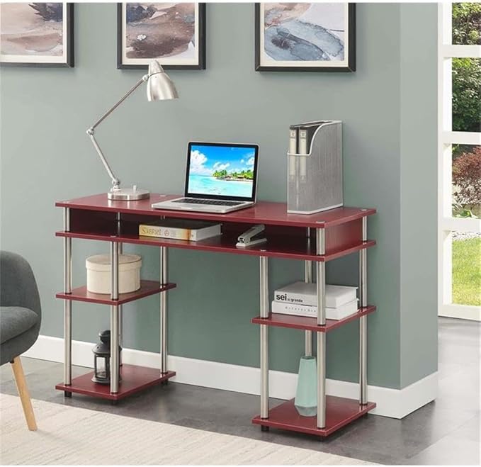 Convenience Concepts Designs2Go No Tools Desk Home Office Desk with Shelves Corner Shelf Vanity Desk Computer Desk Nail Table for Nail Tech - 47.25 L x 15.75 W x 30 H Dark Cranberry Red