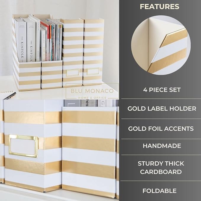 BLU MONACO | Cardboard Magazine File Holder Set of 4 Gold White Stripes | Vertical Magazine File Holder with Label Slots | Standing File Holder and Cardboard Bins for Shelves Desk Classroom