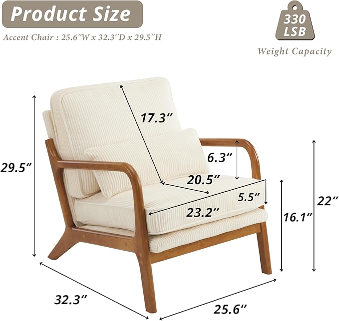 Karl home Mid-Century Modern Accent Chair Living Room Chairs with Pillow Corduroy Upholstered Lounge Armchair with Solid Wood Frame &amp Soft Cushion for Bedroom Reading Room Beige