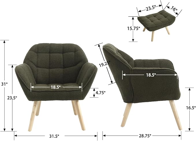 Modern Sherpa Accent Chair with Ottoman Fluffy Upholstered Lounge Chair with Footrest Comfy Living Room Side Boucle Armchair for Small Space Bedroom Apartment Green