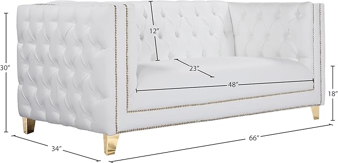 Meridian Furniture 651White-L Michelle Collection Modern | Contemporary Loveseat with Deep Button Tufting Gold Nailhead Trim and Sturdy Gold Iron Legs White Vegan Leather 66 W x 34 D x 30 H