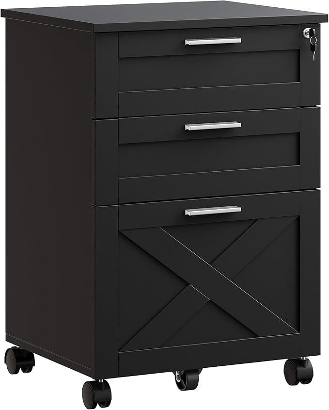 Secure 3-Drawer Wood File Cabinet with Lock – Mobile Under Desk Filing Cabinet Fits Letter/Legal/a4 Rolling Cabinet with Wheels – Classic Color