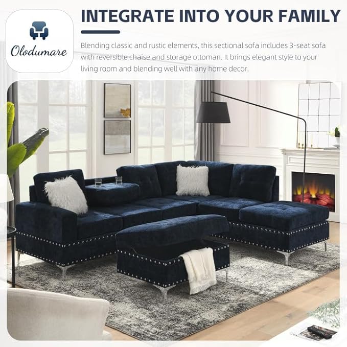 Living Room Furniture Sets L-Shape Sectional 5-Seater Sofa with Extra Wide Reversible Chaise Storage Ottoman and Cup Holders and Copper Nails 2 Pillows Navy Blue