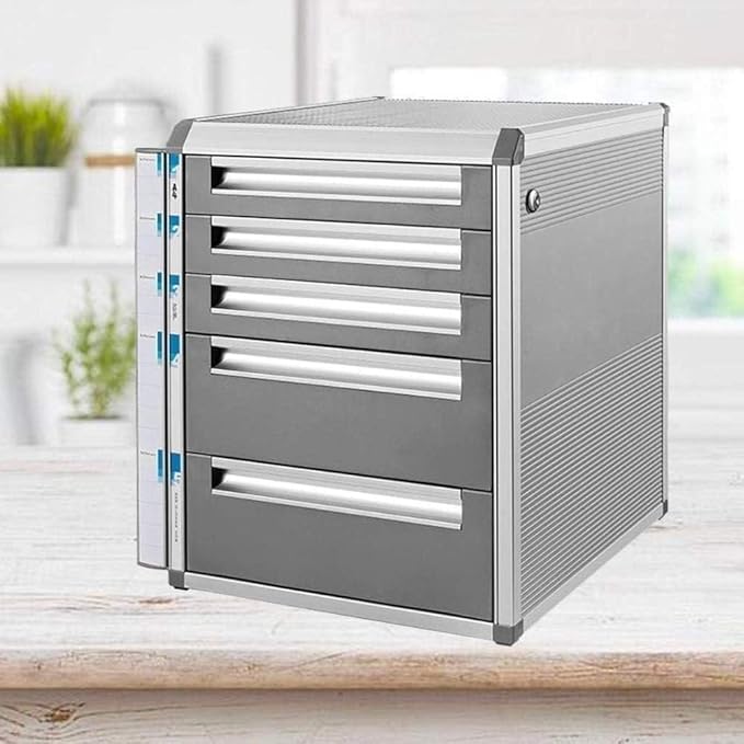 File Cabinet Flat 5 Drawer Desktop Data Storage Box Key Lock Office Cabinet Gray Home Office Furniture Bookshelves (Silver One Size)