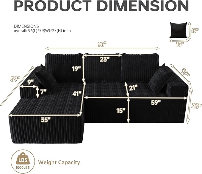 96 Cloud Sectional Couch with L-Shape Chaise4 Seat Modern Modular Sofa with Side PocketsUpholstered Couches for Living Room Bedroom Boneless CouchNo Assembly Required