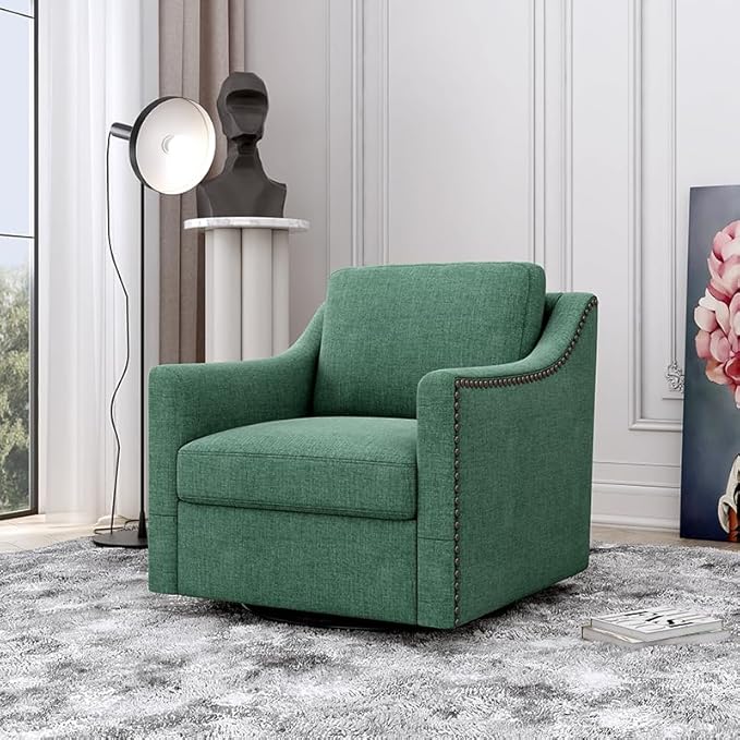 Swivel Accent Chair Modern Comfy Linen Upholstered Barrel Armchair with Nailhead Decor and Metal Base Soft Oversized Round Swivel Chair for Living Room Bedroom Club (1 Green)