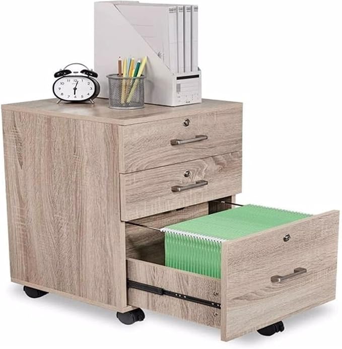 Filing Cabinet 3 Drawer Chest with Rolling Wheels Wood File Cabinet with Lock for Home Office Furniture Easy Assembly 15.7X15.7X26 Inch Oak File Storage Cabinets