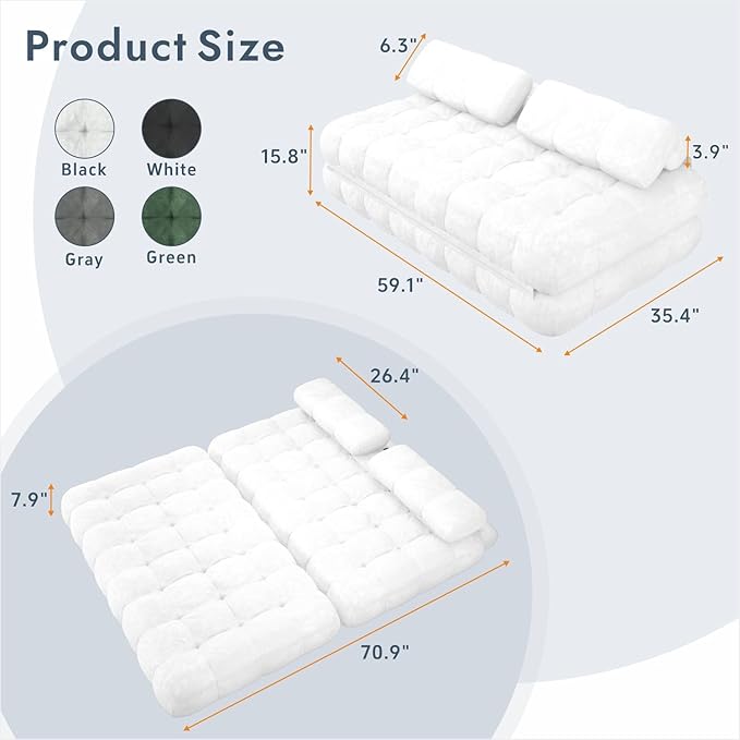 3-in-1 Convertible Sofa Bed 59.1 Folding Loveseat Sleeper Chair with Pillows Portable Fold Out Boneless Couch Lounge Comfy Velvet Floor Mattress for Living Room Bedroom - White Full