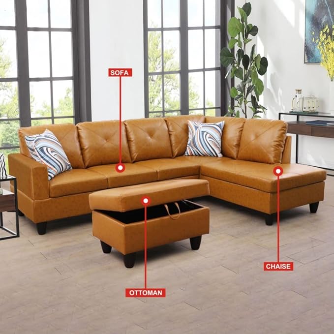 Ginger L-Shaped 3-Piece Faux Leather Sofa with Storage Ottoman Set Sectional Couch Sofa Set for Living Room Office Small Space