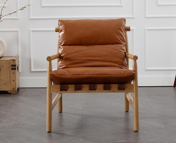 Kmax Modern Sling Accent Chair Upholstered PU Leather Living Room Chair Comfy Lounge Chair Solid Arm Chair for Reading Room Backyard Brown