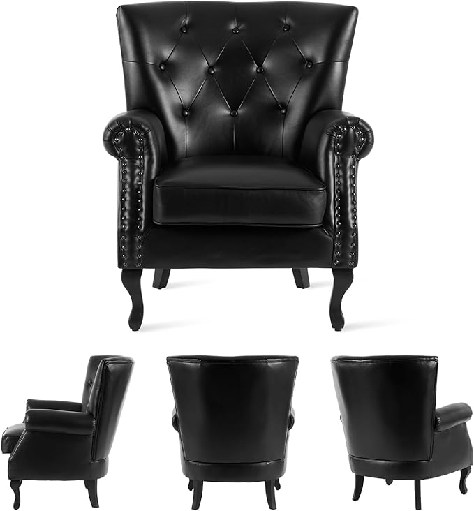 MOJAY PU Leather Accent Chair Mid-Century Modern Armchair Living Room Club Chair with Tufted Button &amp Rivet Trim Upholstered Sofa Chair with Sturdy Wood Legs for Bedroom (Black)