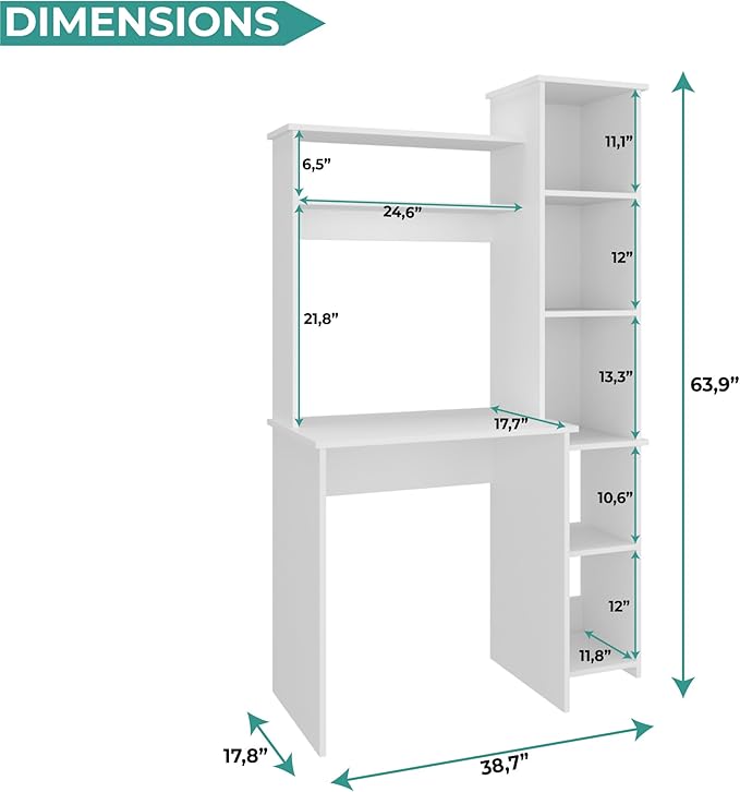 Tuhome Versalles Writing Desk with Two Superior Shelves Five Side Open Storage Compartments Space-Saving Modern Workstation Design for Studios and Offices Ideal for Organization Books