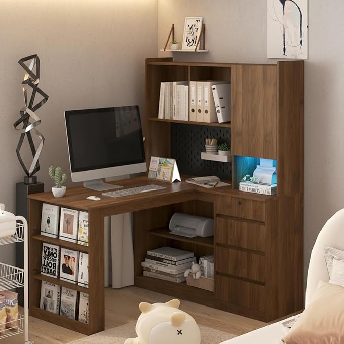 Farmhouse L Shaped Office Desk with Hutch and Bookshelf Corner Computer Desk with Drawers and LED Light Space-Saving Workstation Design Wood