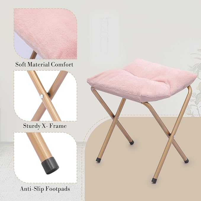 Athena Collection Round Saucer Chair with Ottoman Set for Adults Oversize Comfy Cozy Faux Fur Folding Reading Chair with Metal Leg Lazy Relaxing for Living Room Bedroom Dorm Apartment Pink