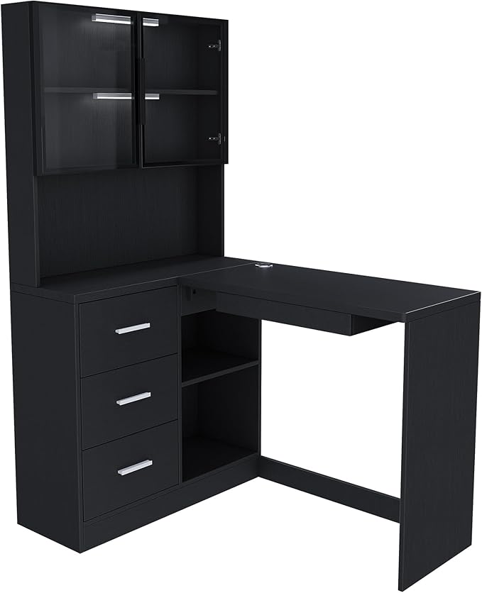 43.3 L Shaped Executive Desk with Hutch and Drawers Farmhouse Home Office Desk with USB Charging Ports Wood Computer Desk for Work and Study Black