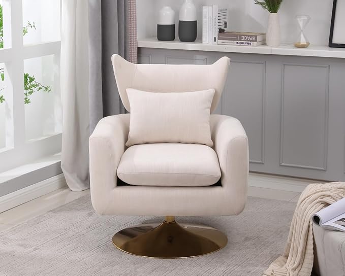 Swivel Accent Chair Armchair Classic Mid-Century 360 Degree Swivel Sofa ChairUpholstered Accent ChairTeddy Fabric Leisure Chair for Living RoomBedroom Office (Beige + Linen)