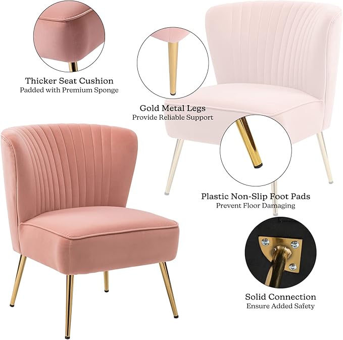 HULALA HOME Velvet Accent Chair Modern Upholstered Cute Side Chair with Gold Metal Legs Armless Wingback Slipper Chair Comfy Living Room Chair for Bedroom Guest Room Vanity Pink