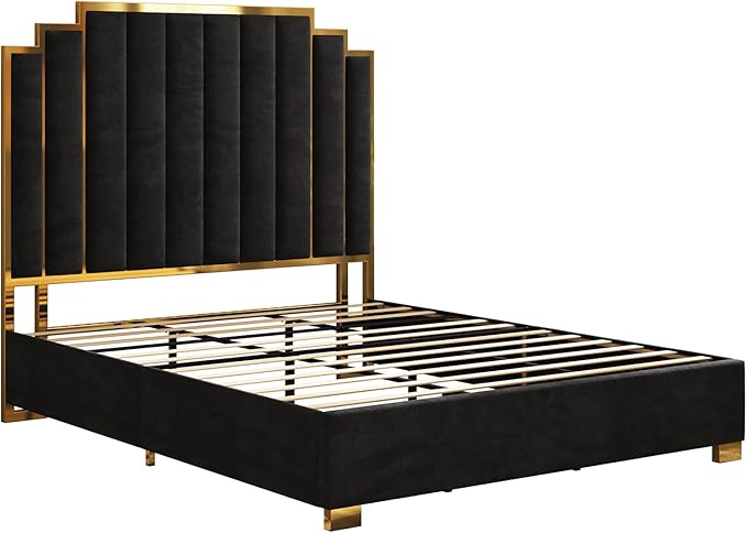 AMERLIFE King Size Upholstered Bed Modern Velvet Bed Frame with 65.4” Tall Gold Trim Headboard No Box Spring Needed Black
