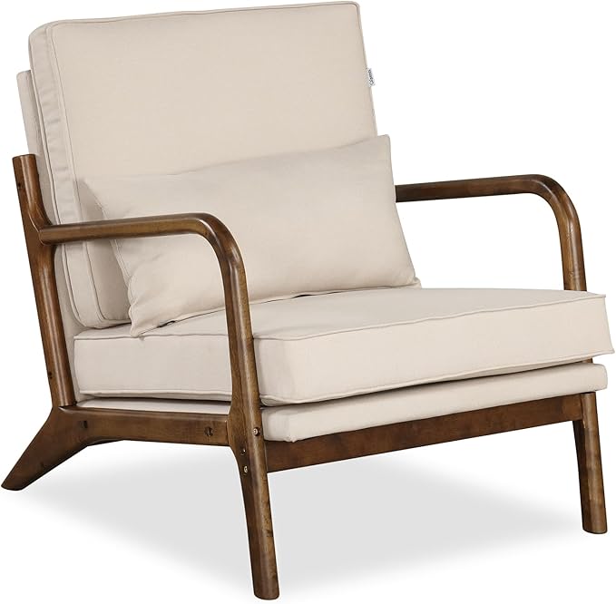 Giantex Mid Century Modern Accent Chair Upholstered Armchair with Pillow Rubber Wood Armrests &amp Legs Removable Back &amp Seat Cushions Comfy Reading Chair for Living Room Bedroom Beige