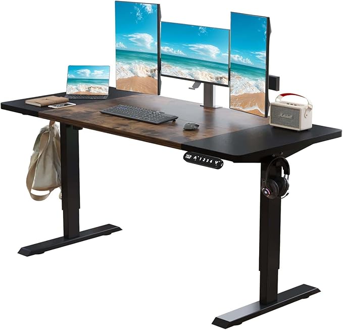 63 Electric Standing Desk Adjustable Height Seated Stand up Computer Desks for Work Office Home Ergonomic Lift-up Gaming Tables with Wheels &amp Splice Board &amp USB Charging Port (Rustic Brown/