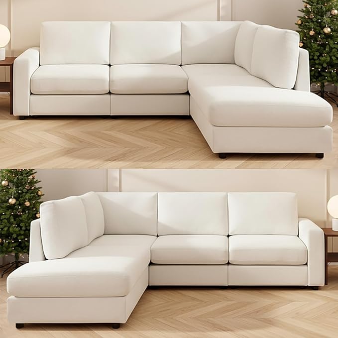 100” L-Shaped Couch with Reversible Chaise Chenille Modular Sectional Sofa 4-Seater Corner Couch for Living Room Apartment Beige
