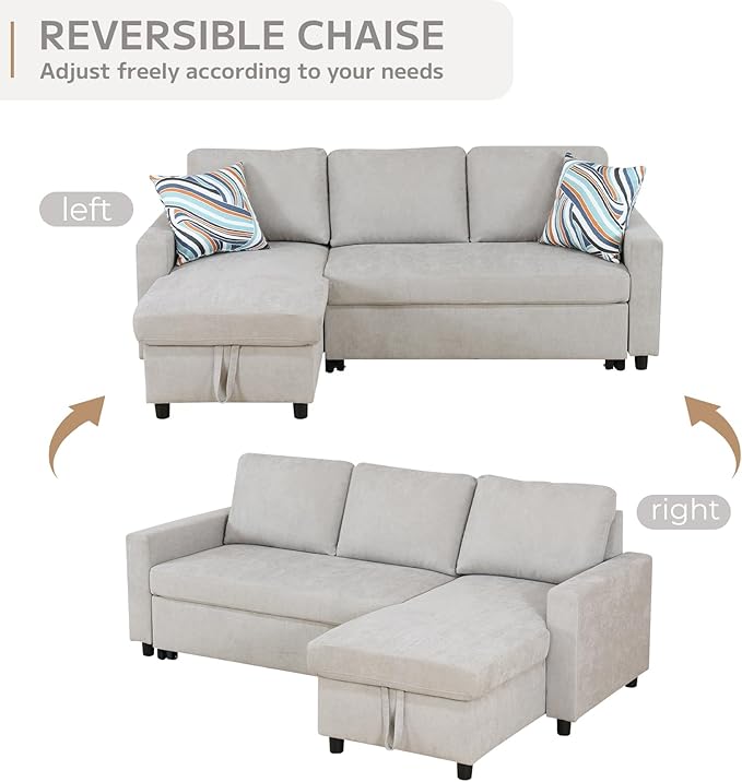 L-Shaped Sleeper Sofa with Chaise Lounge &amp Storage Pull-Out Couch Bed with Recliner Full Size Futon for Living Room Office Apartment Beige