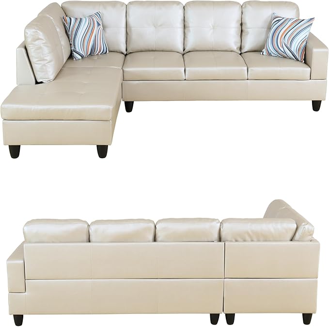 103.5 Inch Modern L-Shaped Couch PU Leather Sectional Sofa with Chaise Lounge 4-Seater Couch with Accent Pillows for Living Room Apartment Bright Light Grey